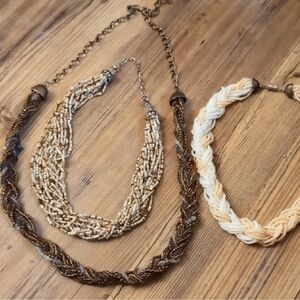 Vintage Braided Seed Bead Necklace Set Of 3 - Gold, Cream, Brown, Pink Tones